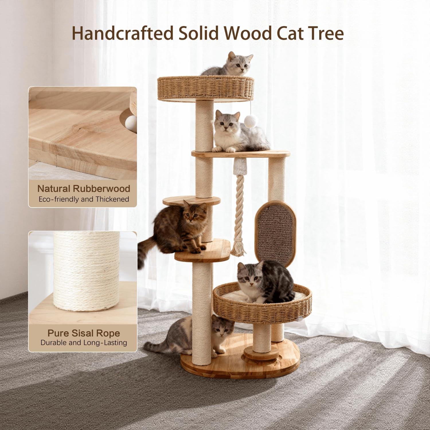 Wooden Cat Tree For Large  Tall Tower With Indoor Cats Multi-level Condo Hand-woven Bed And Board Easy To Clean (48in)