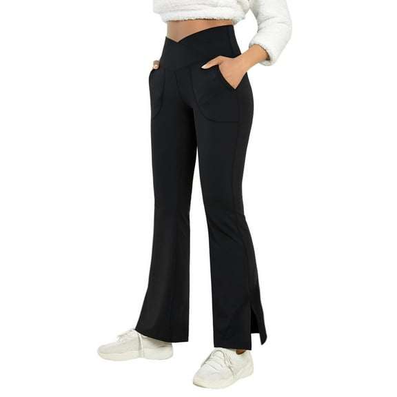 Langwyqu Women's Bootcut Yoga Pants Crossover Female Casual Trousers Split Flare Leggings with Pocket