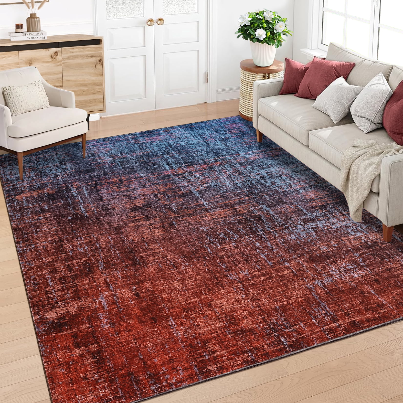 FairOnly 9'x12'Modern Abstract Gradient Color Area Rug Machine Washable Ultra Thin Low Pile Non Slip Carpet for Living Room Dining Room Bathroom,Red Blue