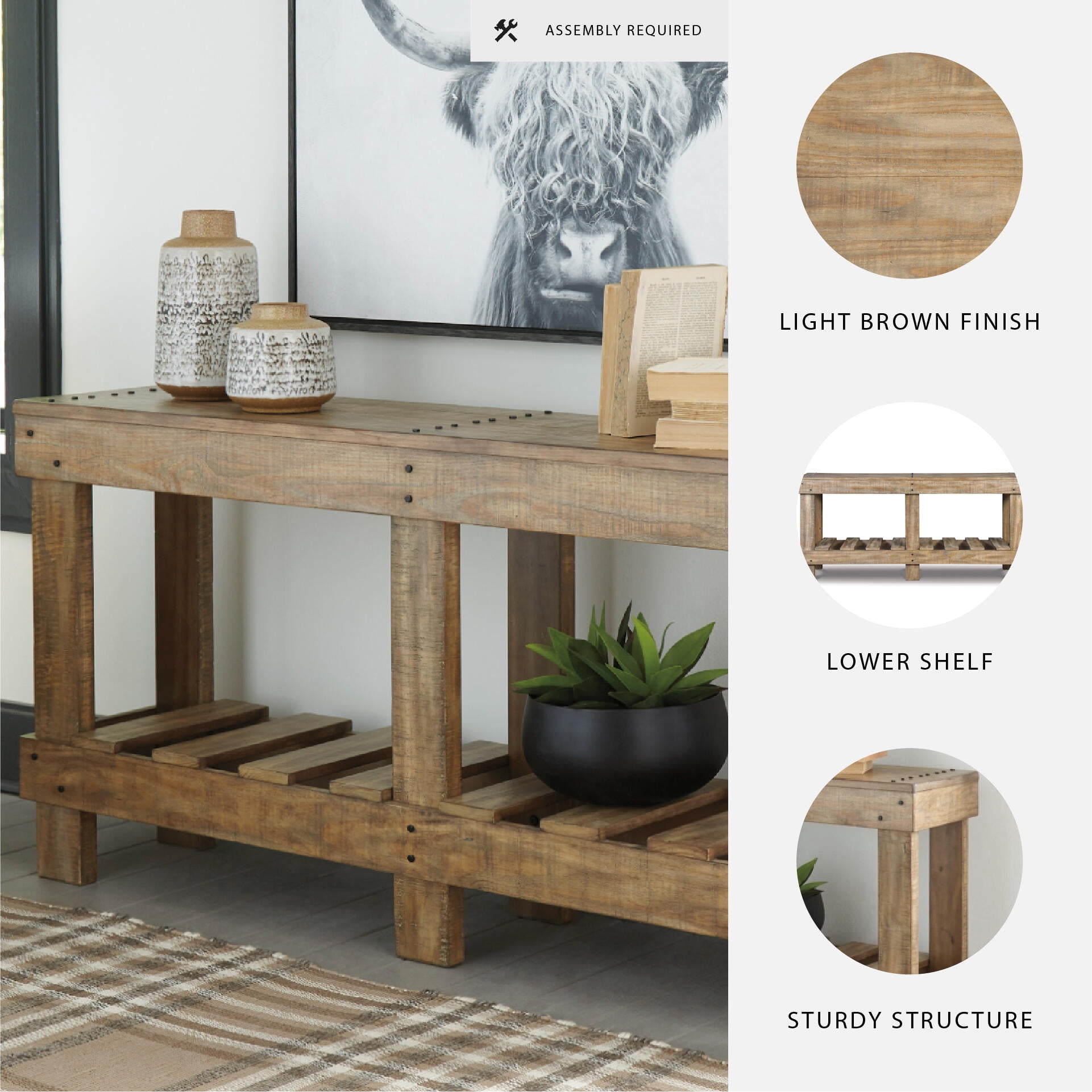 Signature Design by Ashley Susandeer Console Sofa Table, Light Brown Solid Wood Entryway & Sofa Table with Lower Shelf