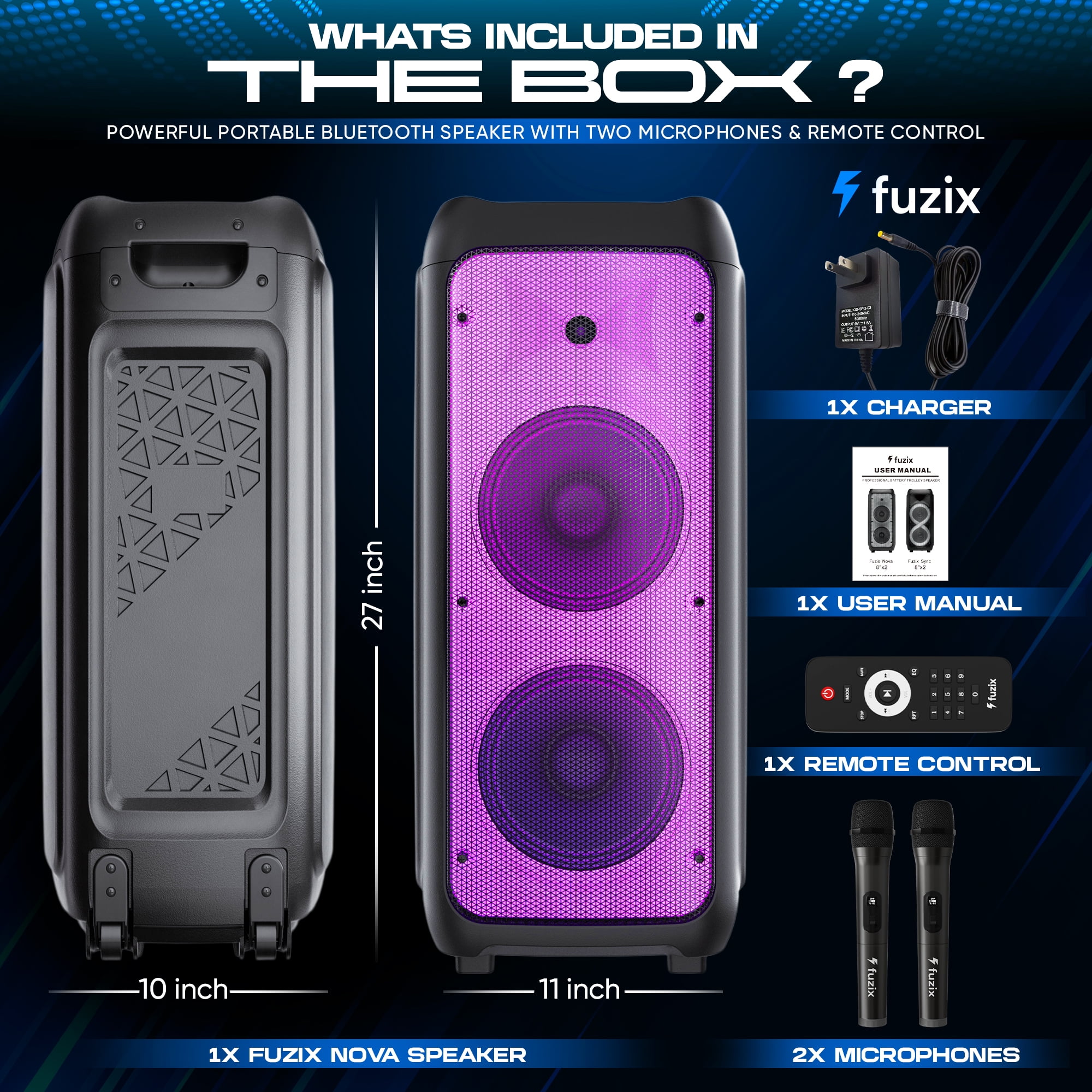 Nova Portable Rechargeable Karaoke Bluetooth Speaker by Fuzix – Dual Wireless Microphones, Dynamic LED Lights, FM Radio, USB, Micro SD with Remote Audio Card Remote Control