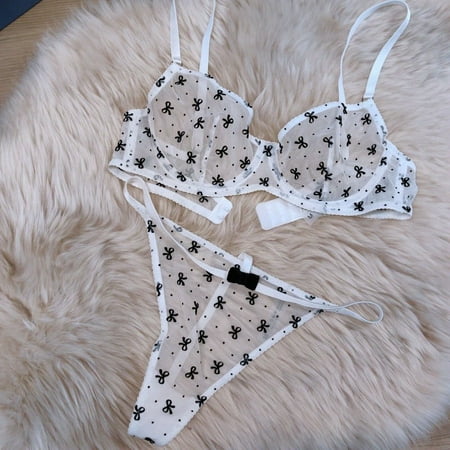 HHH French Lace Underwear Ultra-Thin See-through Flocked Printed Mesh Sexy Lingerie Sexy Bow Girl Bra
