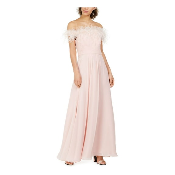 ELIZA J Womens Pink Pleated Faux-feather Off Shoulder Full-Length Evening Dress Petites 12P