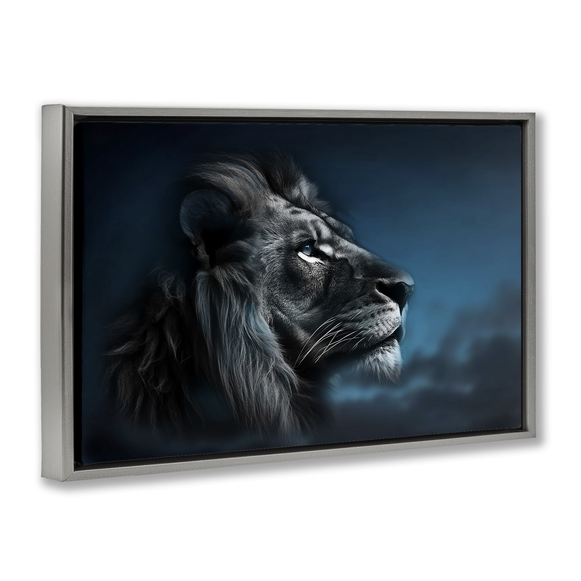 Stupell Industries Intense Gazing Lion Animals & Insects Painting Gray Floater Framed Canvas Art Print Wall Art, 25 x 17