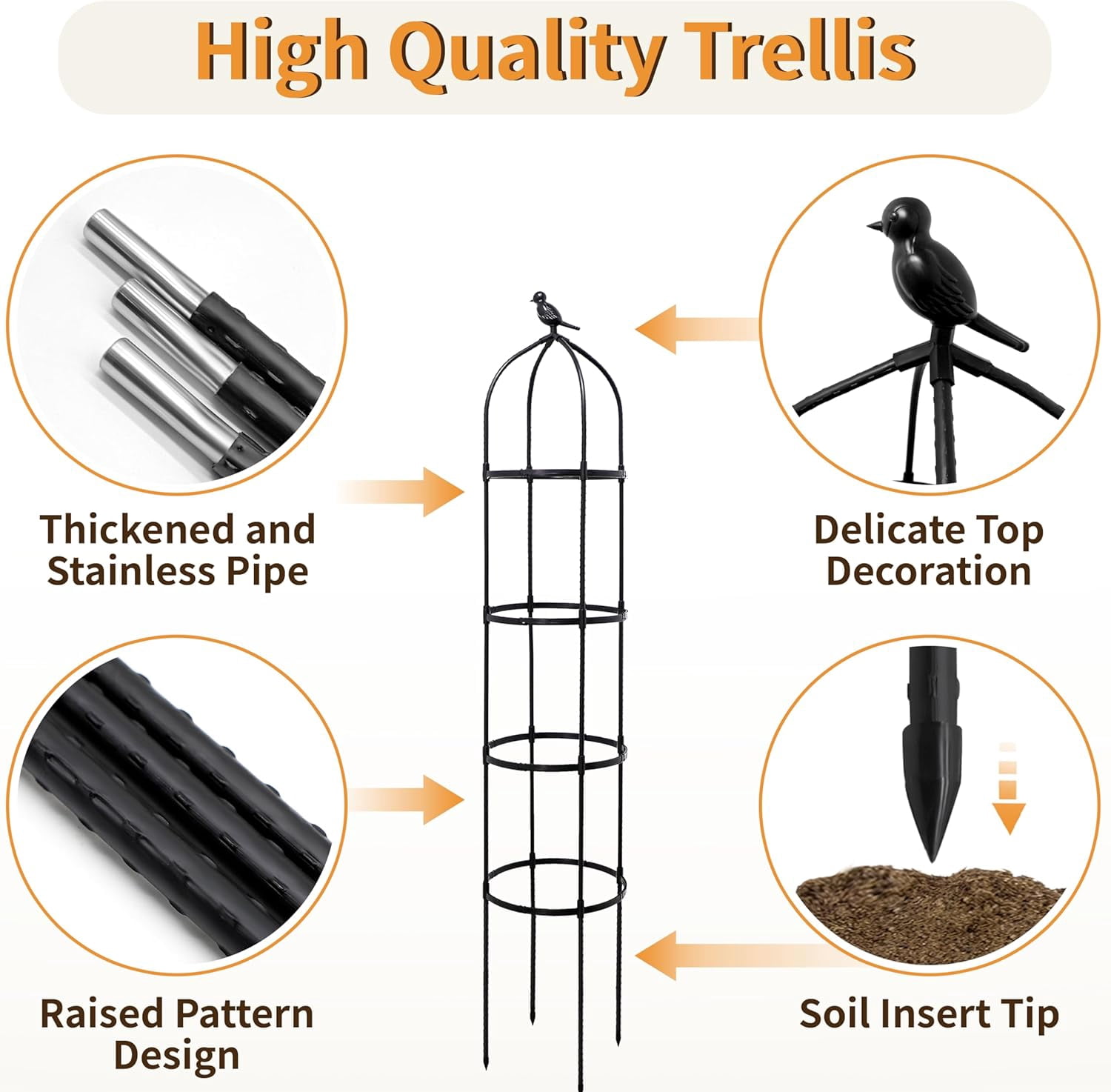 1 Pack Garden Obelisk Trellis for Climbing Plants Outdoor, 6FT Adjustable Metal Plant Support with 3 Decorative Tops, Rustproof Trellis for Roses, Tomatoes, Clematis & Vines