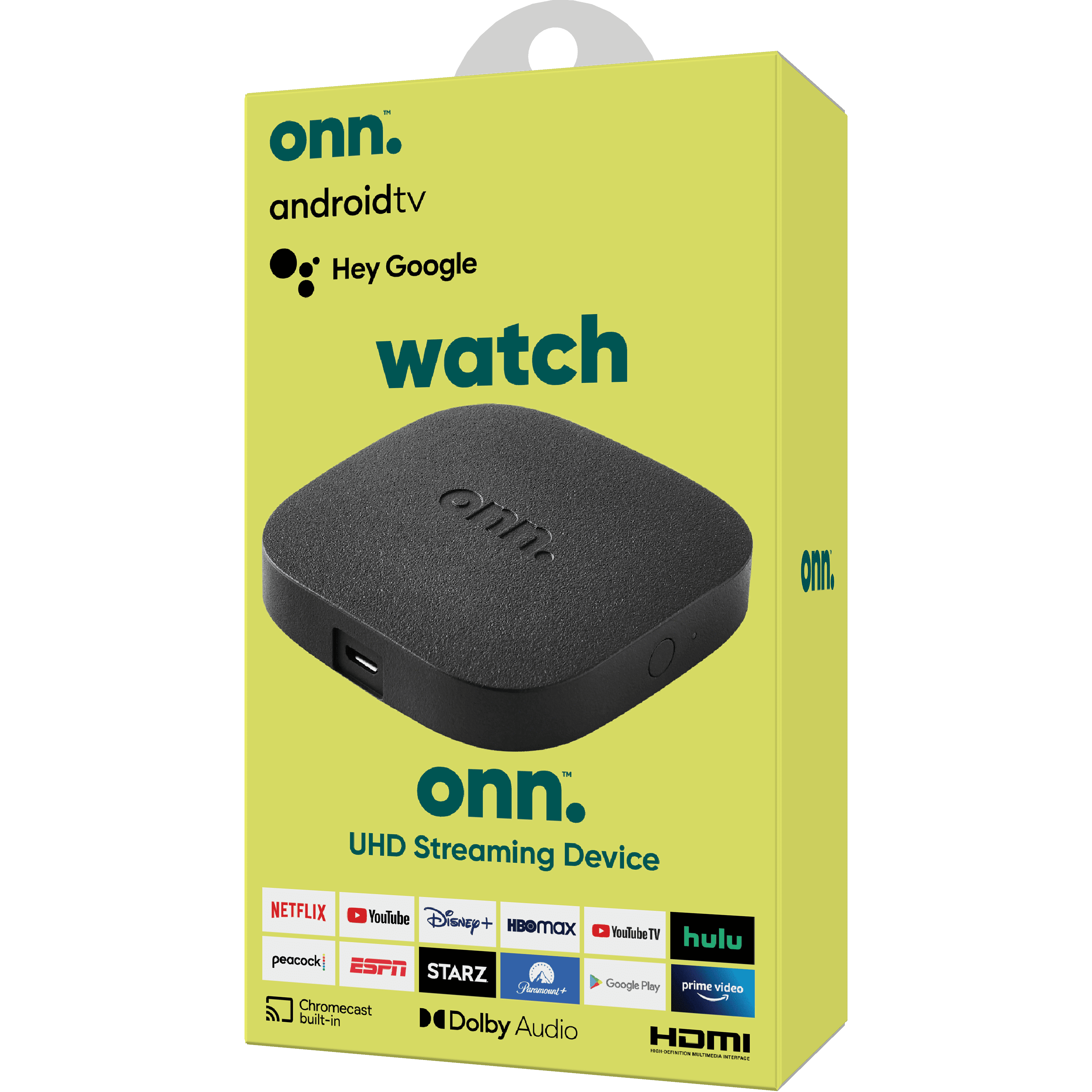 ONN. android UHD Streaming device. half