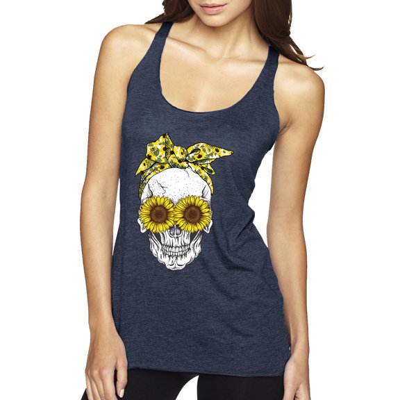 Skull Sunflower Skeleton Bandana Inspirational/Christian Tri-Blend Racerback Tank Top, Vintage Navy, X-Large