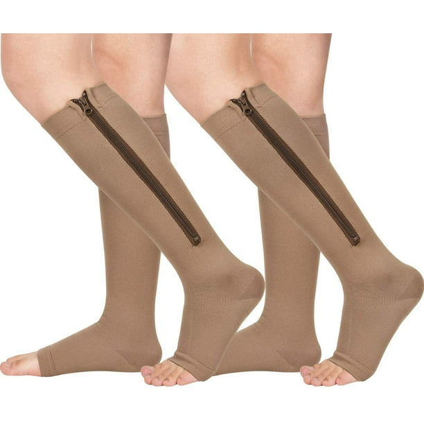 2 Pair Zipper Compression Socks for Women Men Open Toe Compression Socks  Easy on（Beige，XX-Large） 