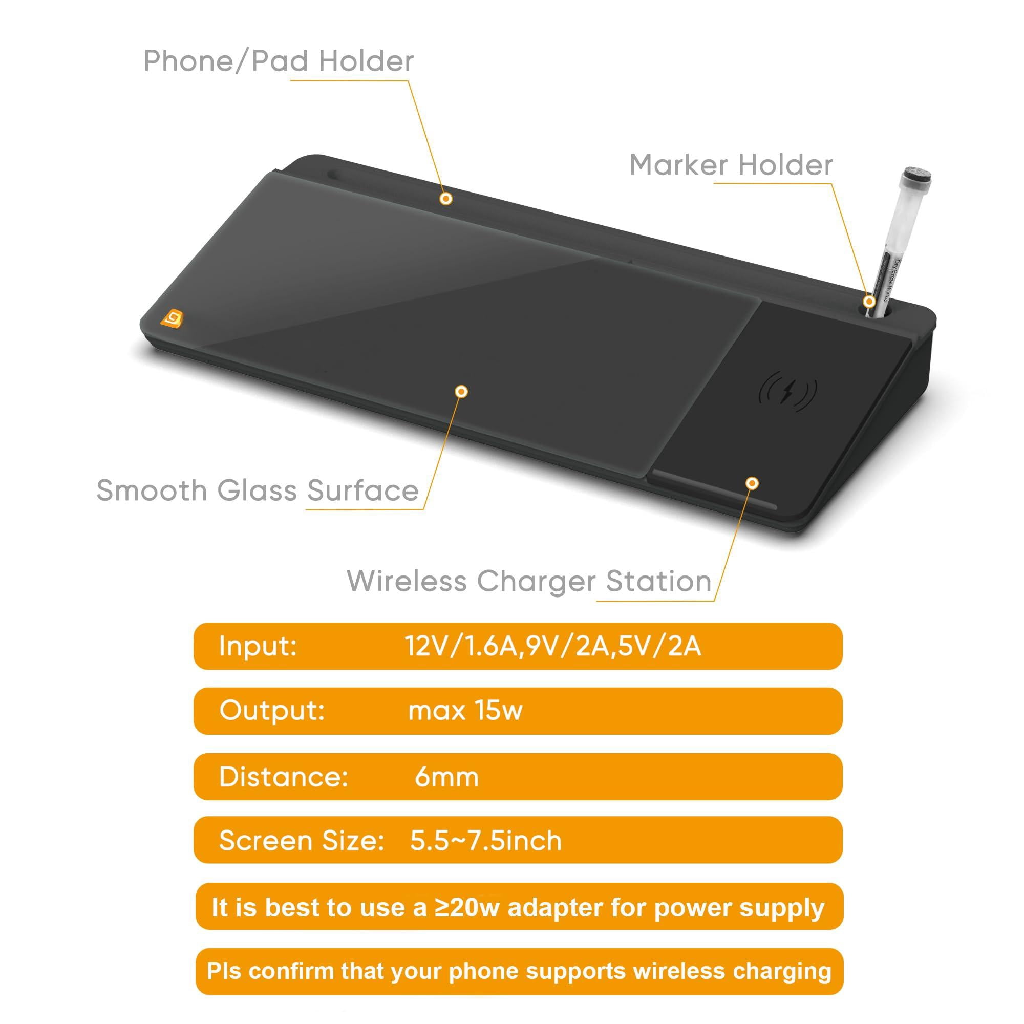 Desktop Glass Whiteboard With Wireless Station  Dry Erase Board Computer Pad Stand Organizer For Home School Office Desk Accessories Black