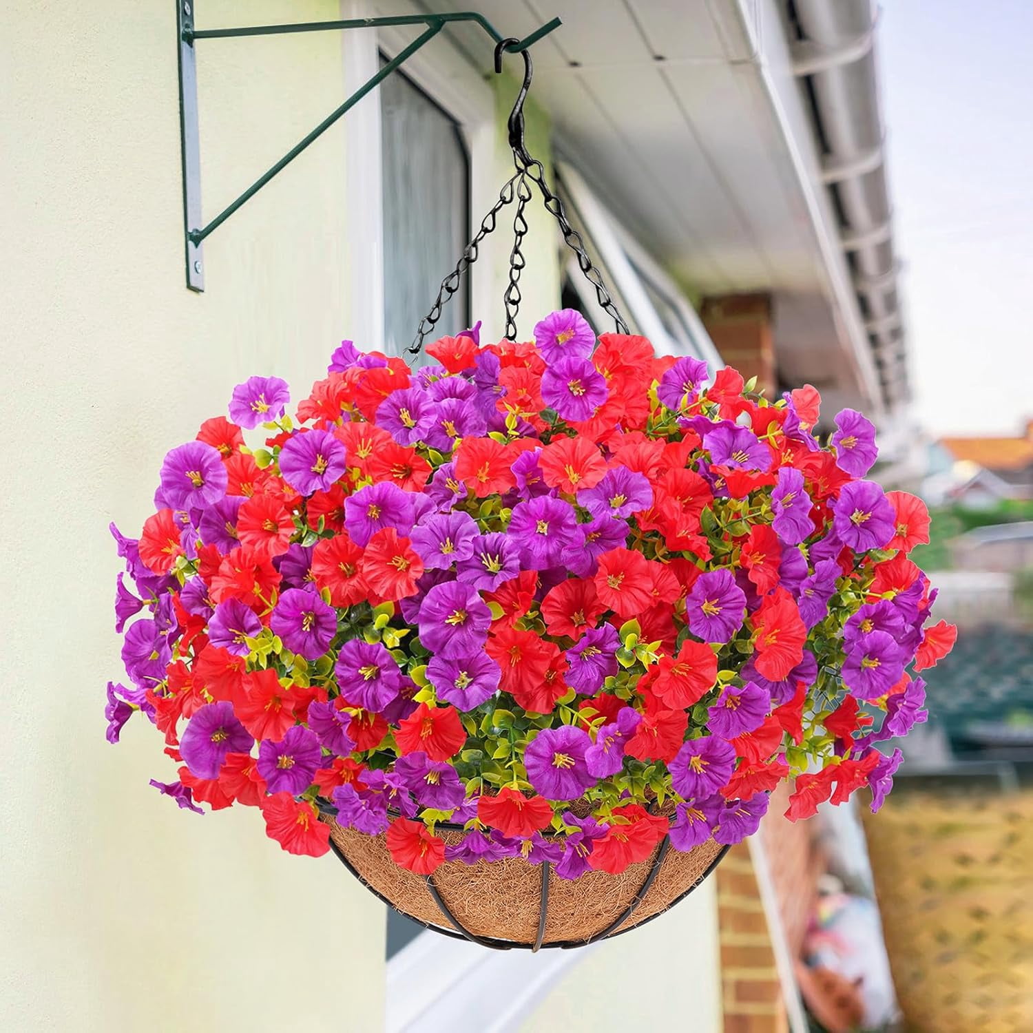 Waipfaru Artificial Hanging Flowers in Basket,Fake Hanging Plants for Outdoors Spring Summer Decoration,UV Resistant Petunias Flower for Garden Porch Patio Balcony Decor