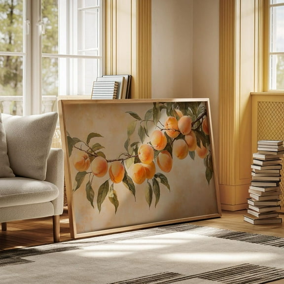Lush Peach Branch Art - Rustic Farmhouse Kitchen Decor With Vintage Hand-Painted Fruit Aesthetic Wall Art, Modern Wall Decor, 8x12 UNFRAMED