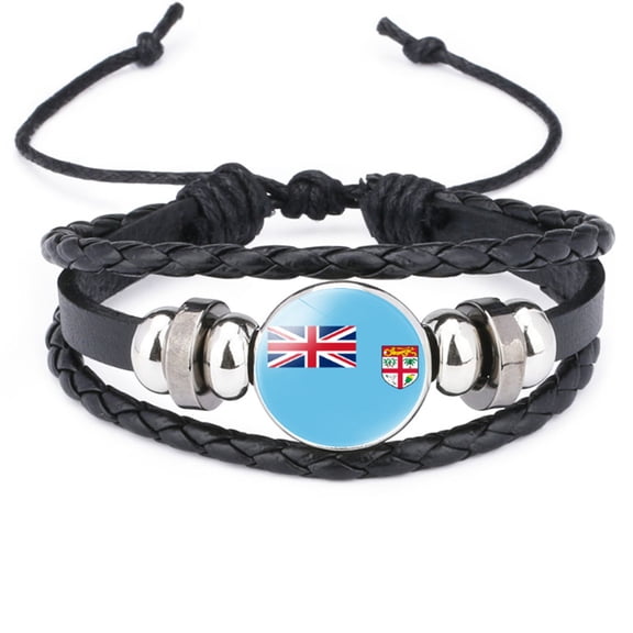 Uijokdef Bracelet for Women Men Fiji Flag Bracelet Multilayer Uijokdef Black Leather Bracelets Fiji Flag Wrap Bracelet