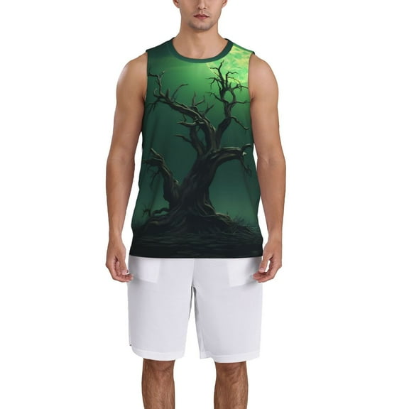 Honeii Green Night Sky Moon Branches print basktball shirt for men and women, Unisex basketball jersey for Theme party-Small