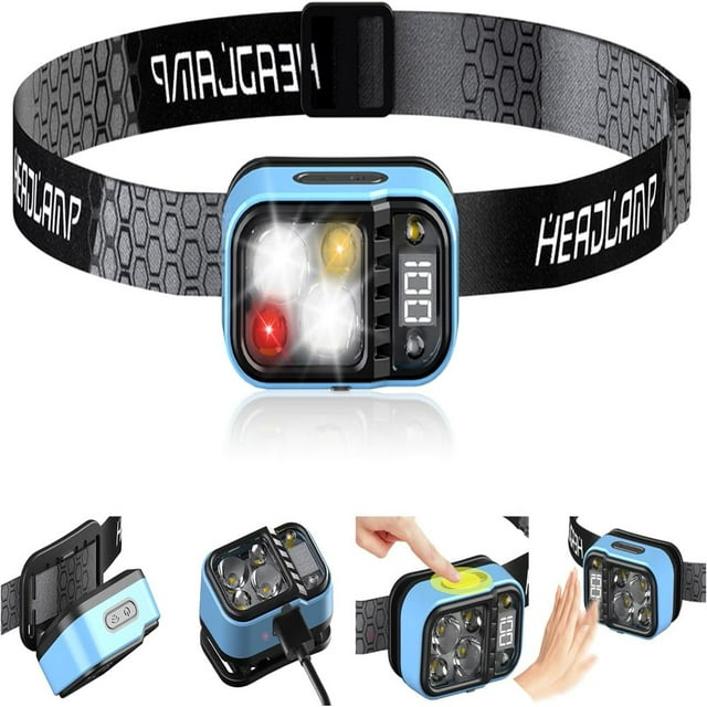 CNKOO Headlamp Digital Power Display Rechargeable Head Lamp Rechargeable with LCD Display And Motion Sensor Suitable for Forehead for Adults Running Camping Fishing Hiking