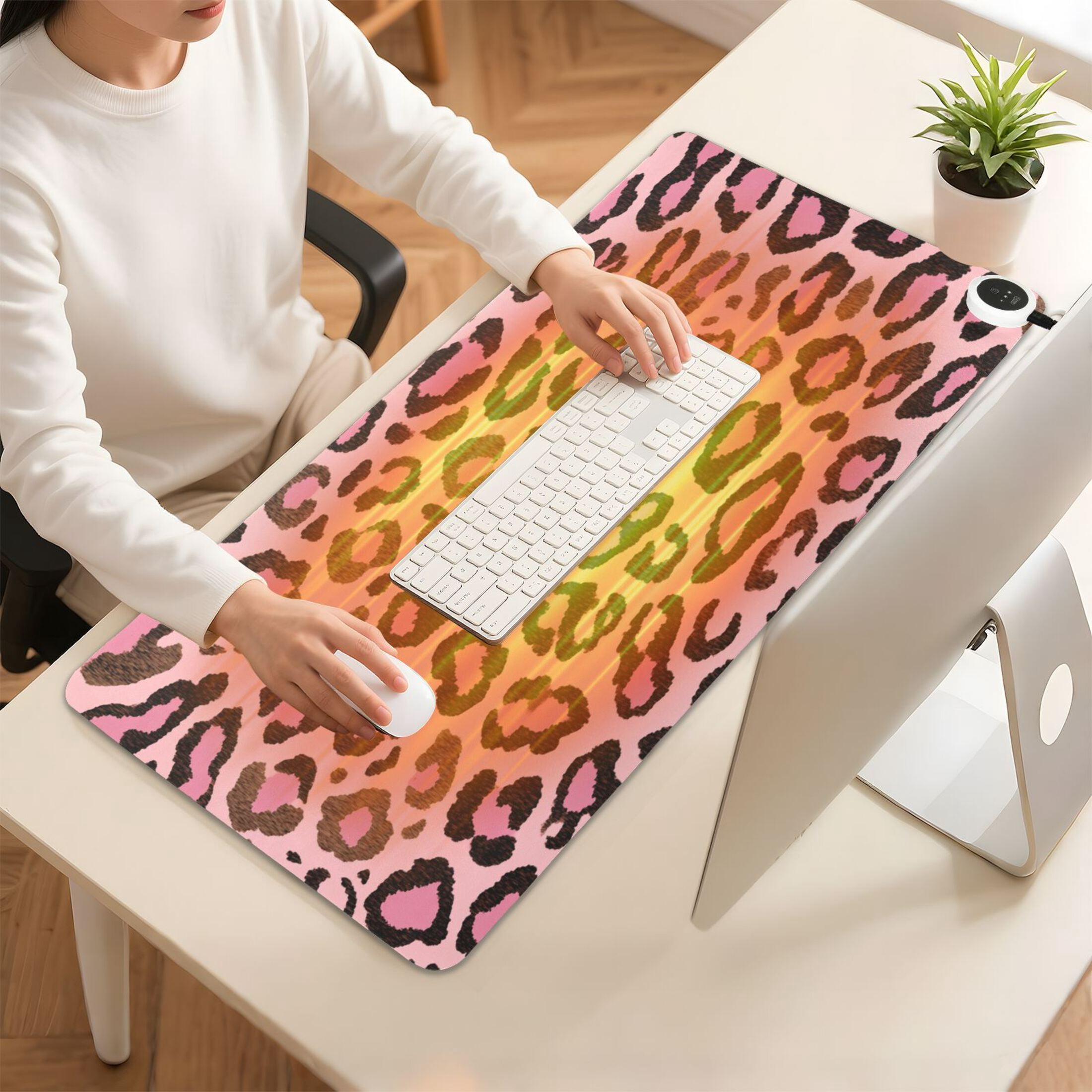 Large Heated Desk Mat Mouse Pad 31.5"x13"PU Leather Graphene Heating Desk Warmer with 3 Temperature Settings 110V US Plug Non-Slip Warm Pad for Home, Office, and Gaming Brushstroke Pink Cheetah Print