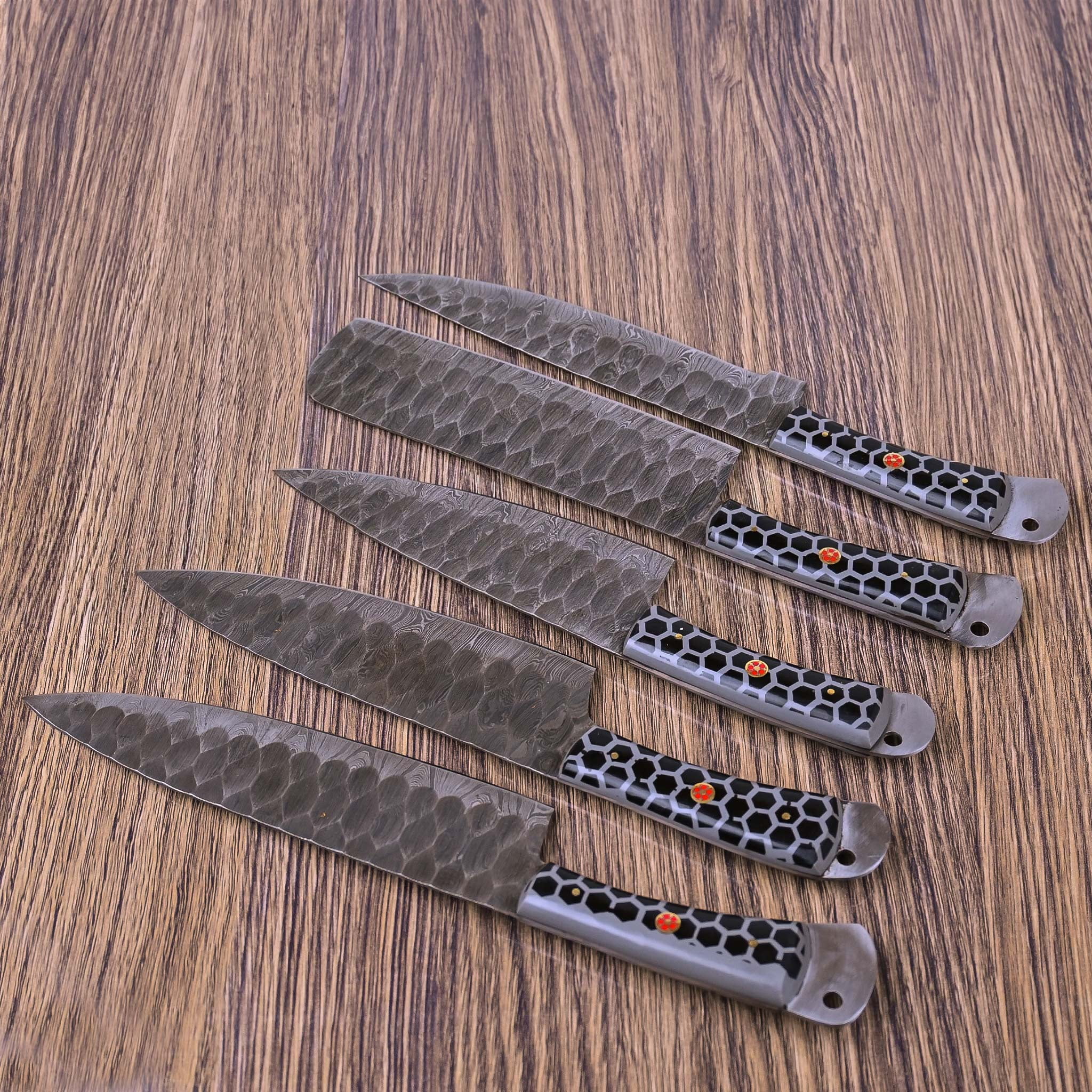 Damascus Kitchen Knife Set 5 Piece, High Carbon Steel Chef Knives with Resin & Mosaic Handles, Razor Sharp with Leather Sheath