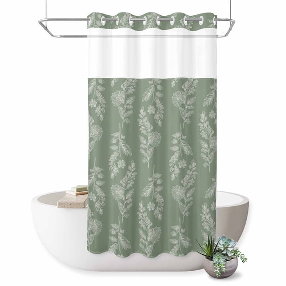 No Hook Shower Curtain, Dark Green Botanical Shower Curtains for Bathroom with See Through Top Window, Pastoral Elegant Spring Floral Waterproof & Washable Bath Curtain Stand Up Stall 36"x72"