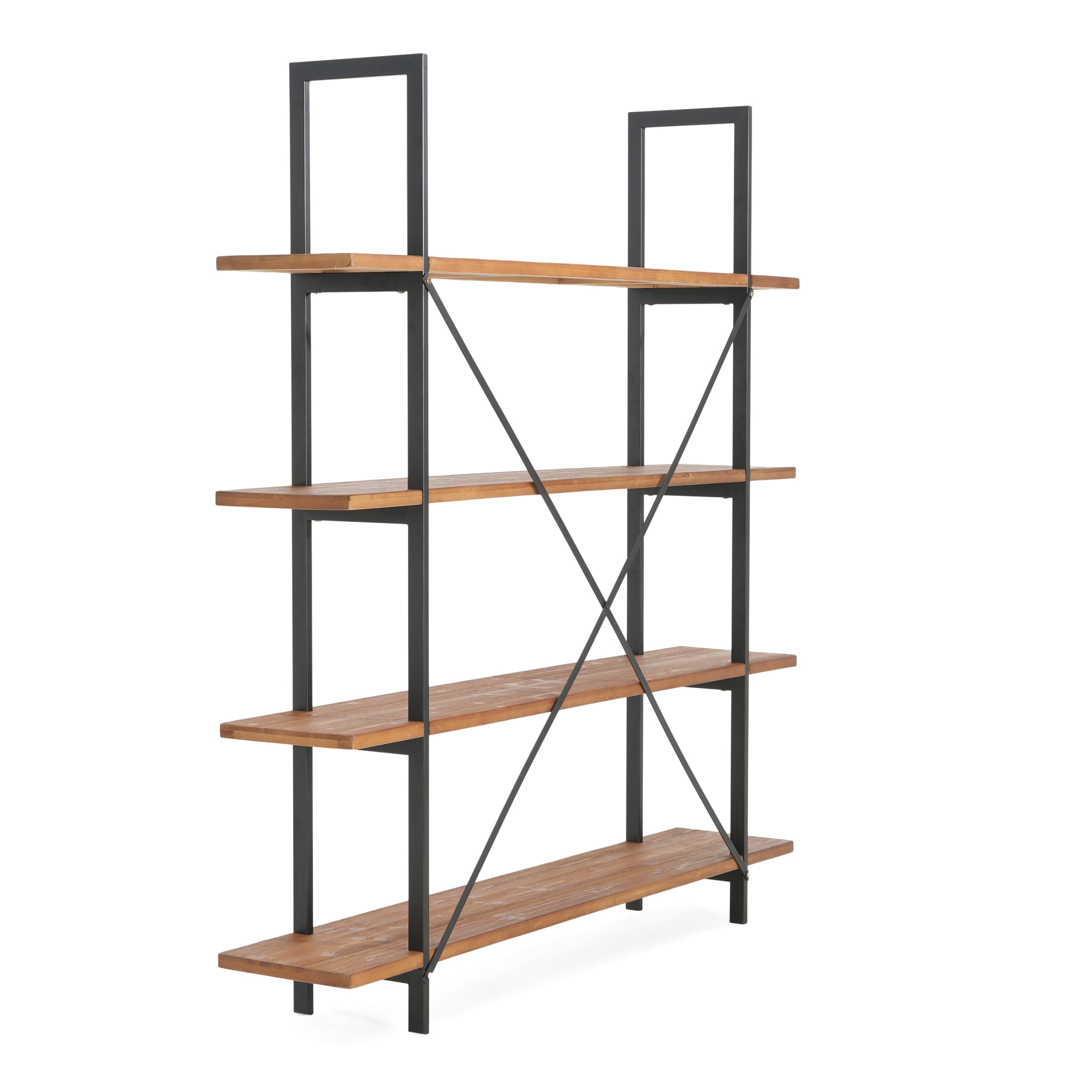 Christopher Knight Home Industrial Iron Bookcase with Solid Wood Shelves and X-Frame in Antique Black Finish