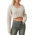 thumbnail image 2 of Faithtur Pull Court en Tricot pour Femmes Manches Longues Col en V Profond Texturé Rayé Pull-Over en Tricot, 2 of 9