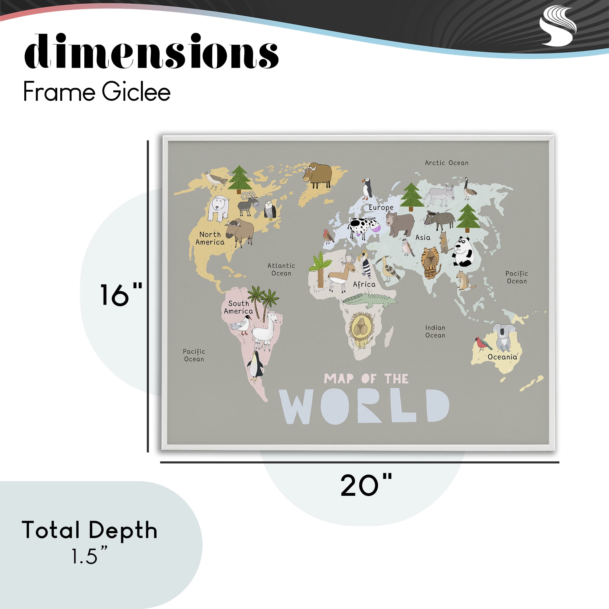Kid's Map Of World Grey White Framed Giclee Art, design by Carla Daly