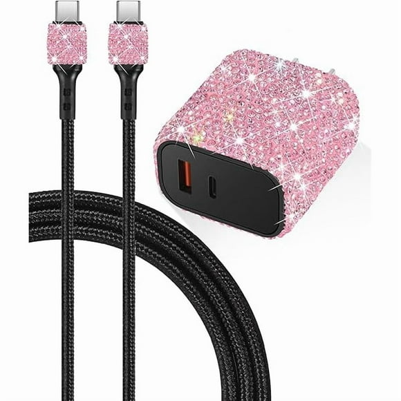 wonima11 Bling USB C Wall Charger, 20W PD QC Dual Port Fast Adapter with 3.2FT Type-C Charging Cable Compatible for iPhone 17 16 15 Pro Max iPad Android S23/S22/S21/ Plus/Ultra/S10/Note 20/10 (Pink)