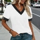 thumbnail image 4 of Mujeres Tops Casual Color Bloque Manga Corta V Cuello Blusa Moda Verano Primavera Respirable, 4 of 9