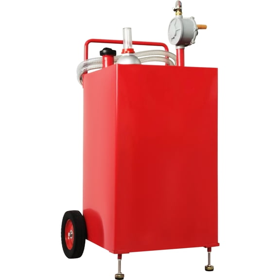 30 Gallon Fuel Caddy, Fuel Storage Tank on 2 Wheels, Portable Gas Caddy with Manuel Transfer Pump, Gasoline Diesel Fuel Container for Cars, Lawn Mowers, ATVs, Boats, More, Red
