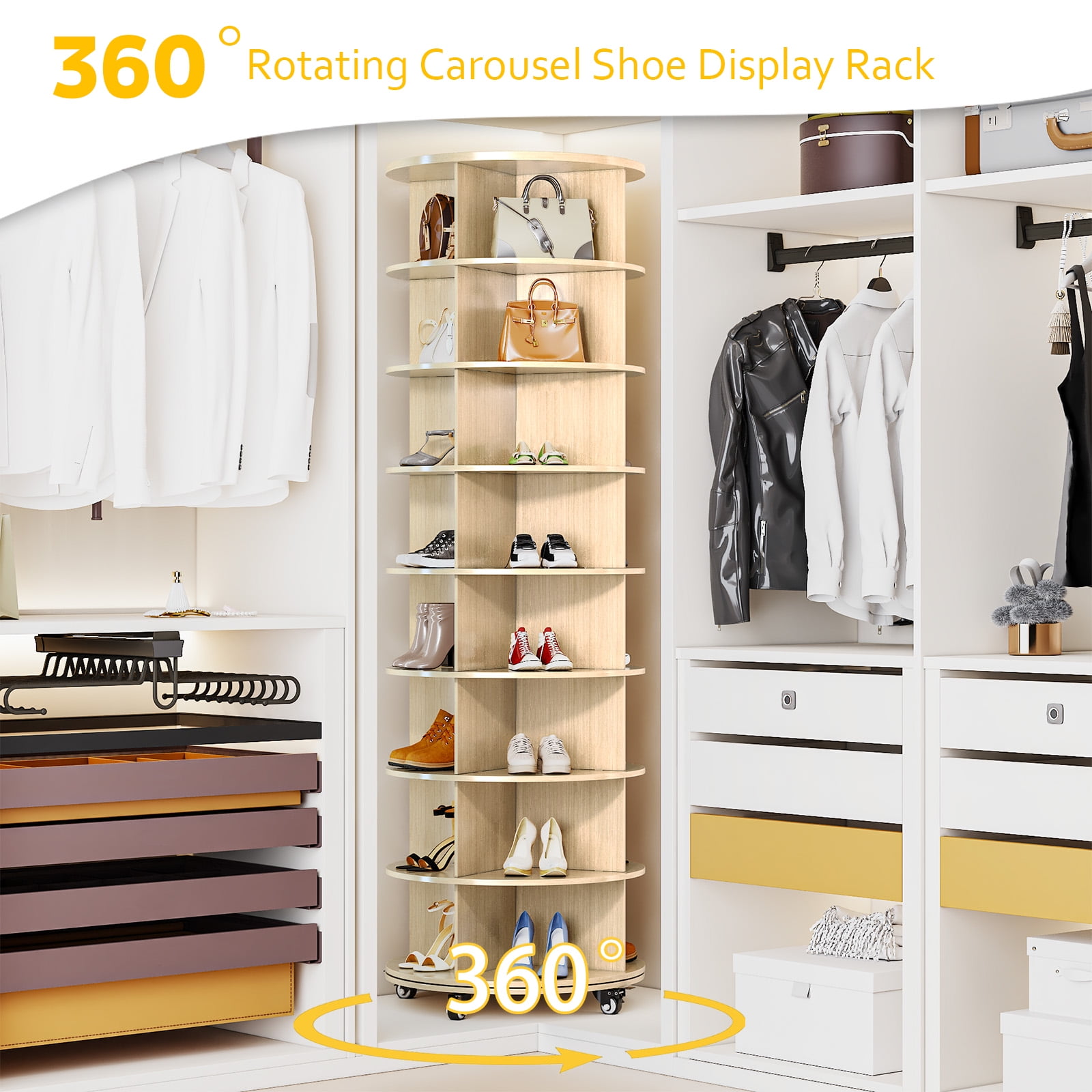 YODOLLA 8 Tier Rotating Shoe Rack with 4 Universal Casters, 360° Spinning Shoe Display Lazy Susan in Natural (23.6’’×23.6’’×74’’)