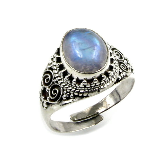 Real 925 Sterling Silver Finger Ring, Genuine Moonstone Gemstone Rings for Men Women, Handmade Ethnic Design Filigree, Fashion Jewelry for Gifts, Adjustable Ring Size