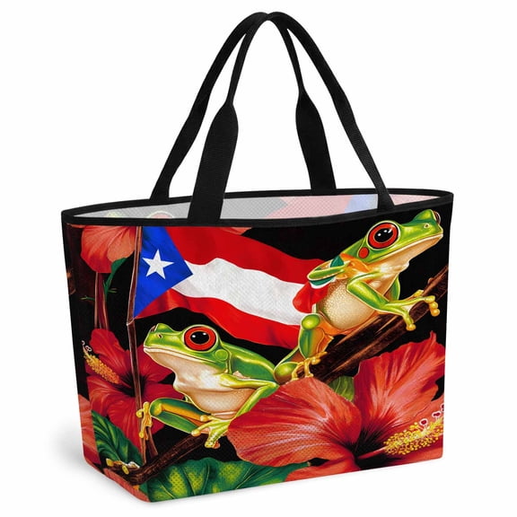 Puerto Rico Flag Beach Bag for Women, Large Breathable Mesh Beach Tote Bag, Frog Red Flower Summer Leaf Sandproof Lightweight Travel Bags for Vacation Picnic Swimming Pool 15.7"x15.7"x9.1"