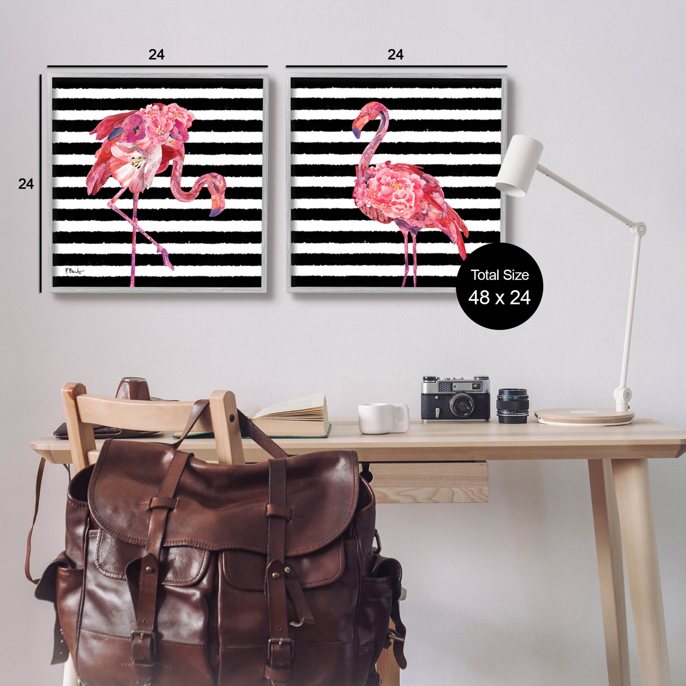 Bold Striped Flamingo Blossoms Animals & Insects Graphic Art Gray Framed Art Print Wall Art, Set of 2