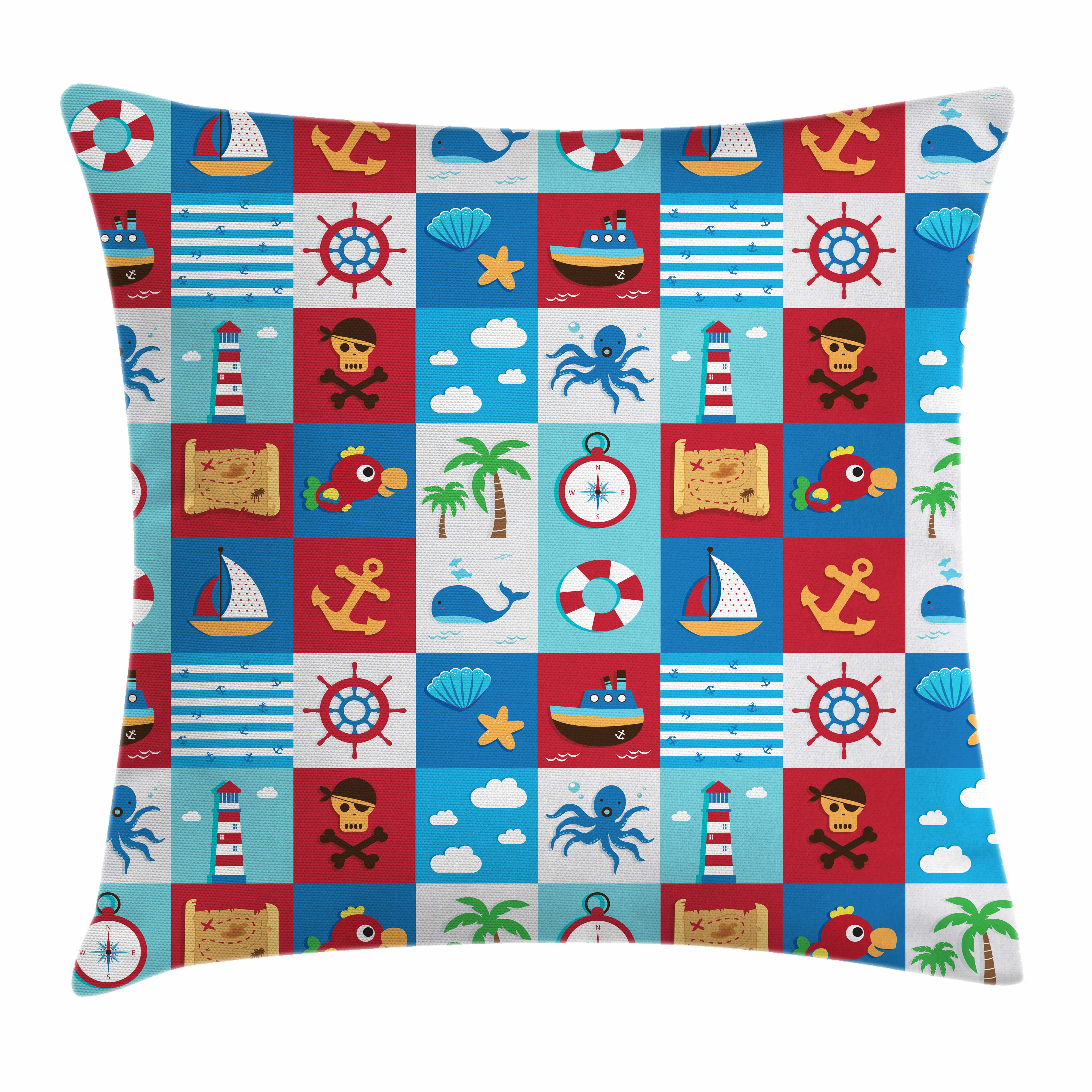 Kids Throw Pillow Cushion Cover Cartoon Style Nautical Icons And