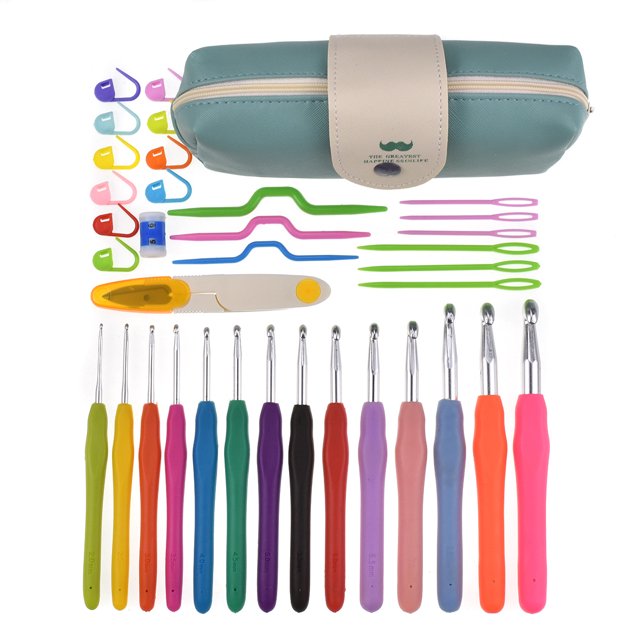 Juego de 14 Agujas de Tejer/Gancho de Tejer con Mango de Goma Multicolor, Accesorios para Juego de Ganchos de Ganchillo para Tejer, Bolsa Verde para Tejido Artesanal brillar Electrónica