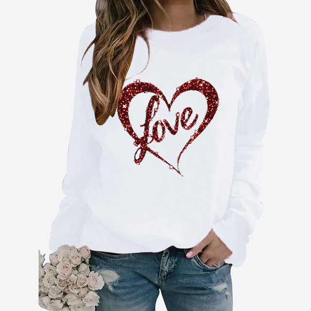 Meichang Womens Long Sleeve Spring Tops Valentines Day Shirts Cute Tops Heart Print Womens Tops Crew Neck Spring T Shirts
