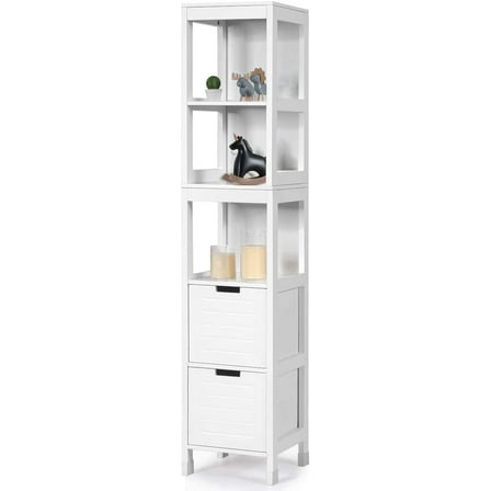 Giantex Adjustable Bathroom 3-Shelves and 2-Drawers Free Standing Cabinet, White