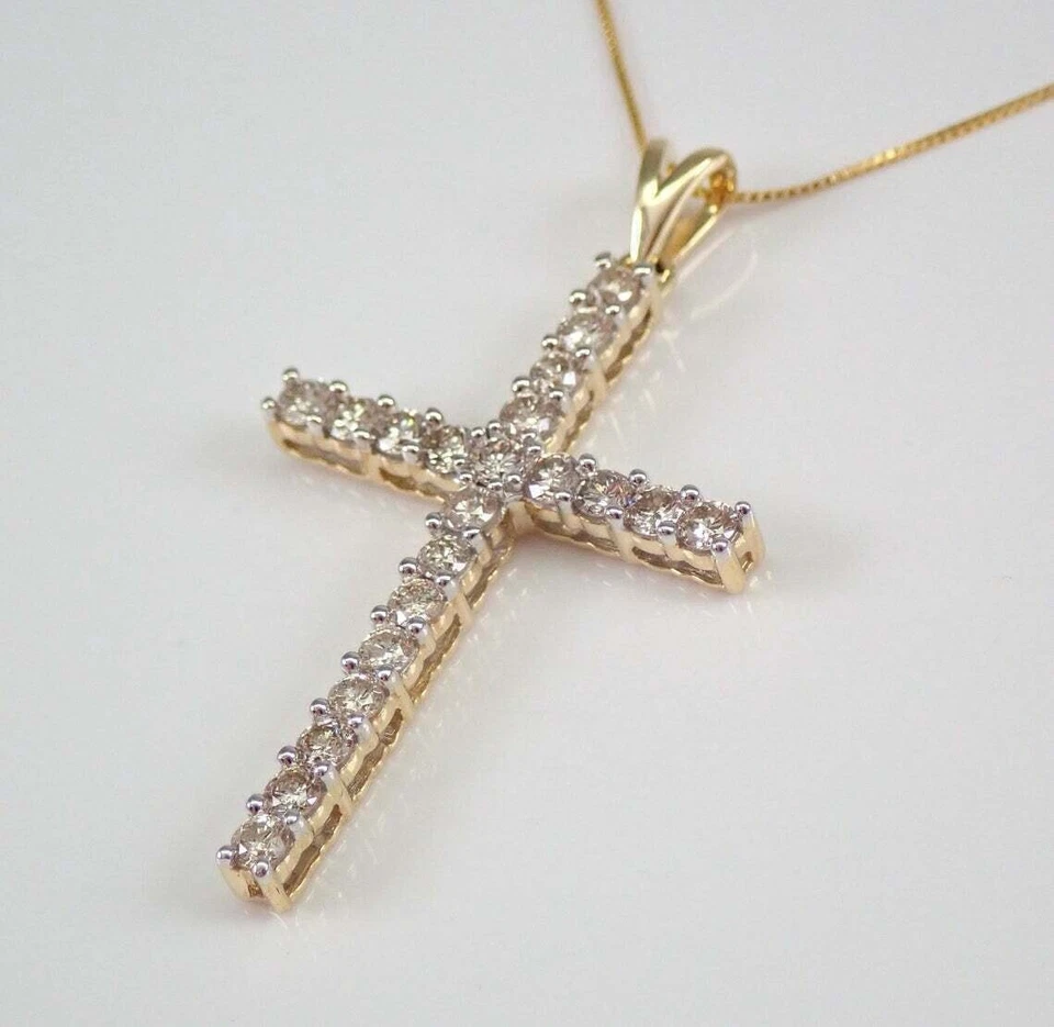 Delicate 1Ct Round Cut Diamond Cross Pendant 18"Free Chain 14K Yellow Gold Over