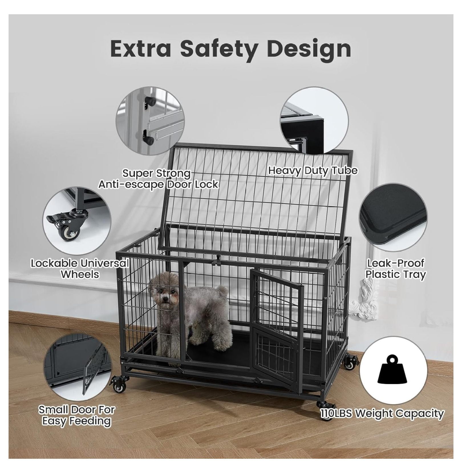 32 Inch Heavy Duty Dog Crate with Wheels, Folding Metal Dog Cage for Puppy/Small and Medium Dogs, Indestructible Dog Crate with Removable Tray (Black)