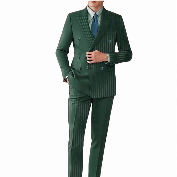 i.Finelong Fashion business contrast - color peak lapel double - breasted striped men's suit set, suitable for business trips and wedding dinners.
