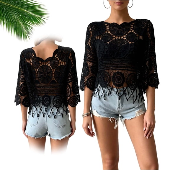 Women'S Plain Fringe Trim Cut Out Sheer Cover Up, Boho Scallop Trim 3/4 Sleeve Round Neck Beach Sarong For Vacation