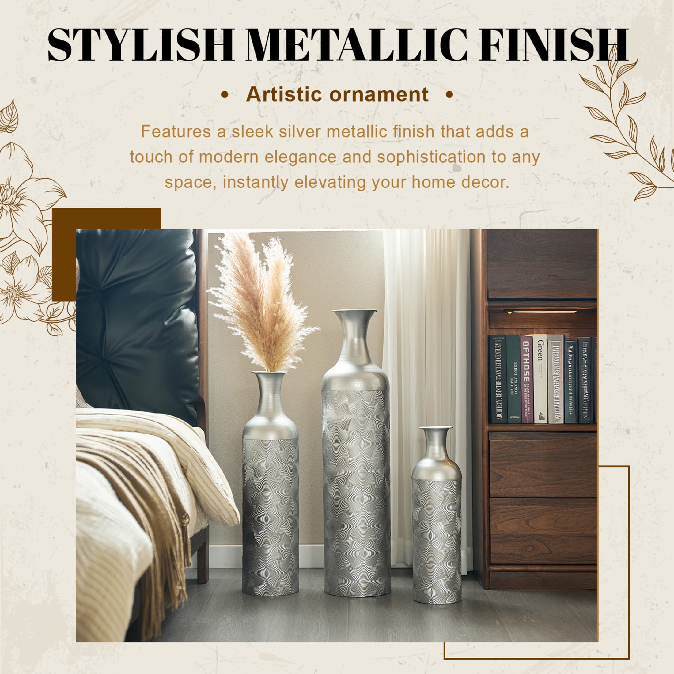 Noble House 3-Piece Metal Floor Vase Set, 32.68", 25.98", 19.69" Decorative Vases with Wave Pattern, Silver