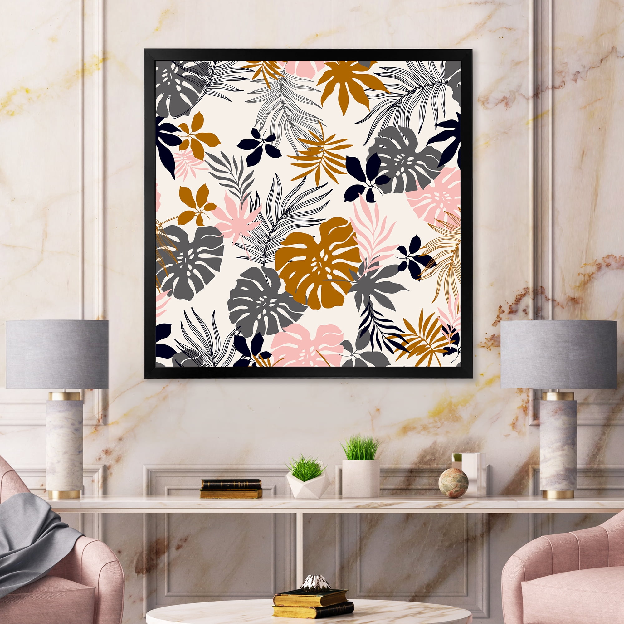 Designart 'Tropical Naturepalm Monstera Leaves In Silhouette On White' Traditional Framed Art Print