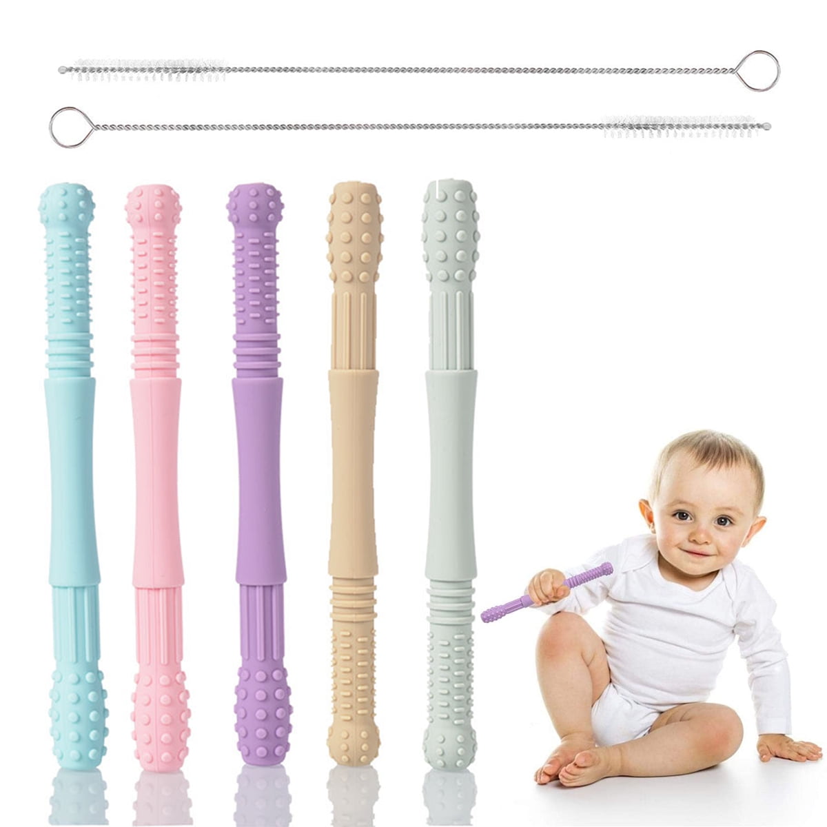 Baby Teething Toys Silicone Hollow Tubes Teether for Toddlers, Soft Silicone Straw for Infants with Soothing Irritation, 5pcs