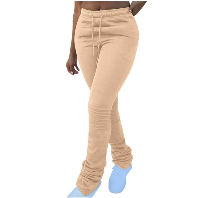 RKSTN Womens Pants Solid Color Drawstring Straight Waist Sweatpants Stack Pants Loose Fitting Long Pants