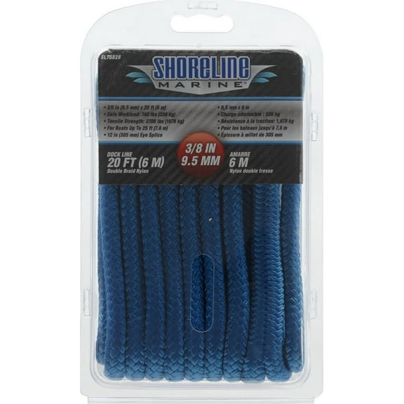 Shoreline Marine Double Braided Nylon Dock Line, 3/8 in x 20 ft, Blue
