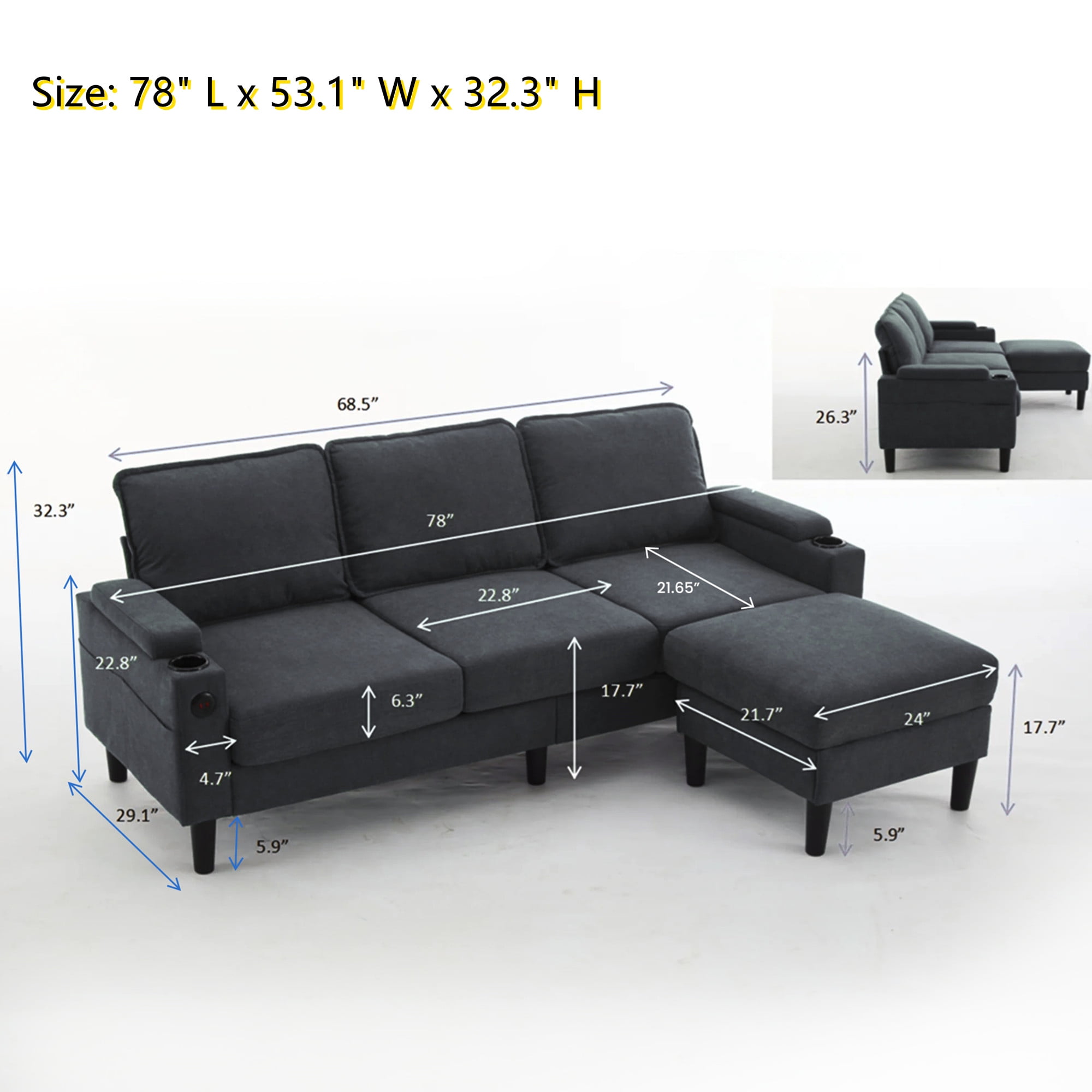 Aukfa 78" Sectional Sofa with USB Port, Storage Ottoman, Armrest w/ Hidden Storage, Linen, Dark Gray