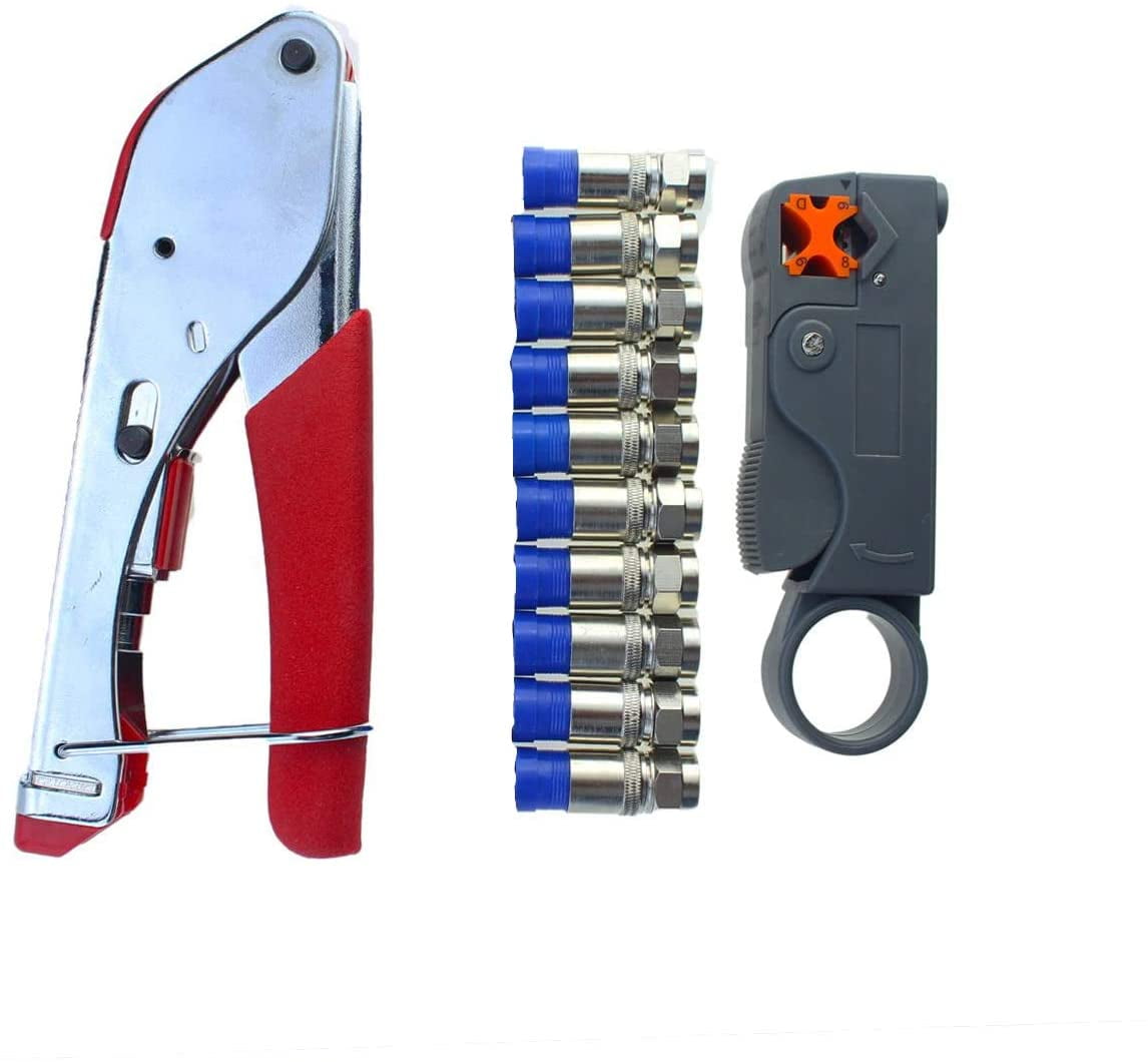 22 Piece Set Cable Crimper Extrusion Tools F- Head Waterproof for Indoor/Outdoor Connection Crimping Tool for Coaxial Cable Wire Stripper Set Blue Cable Crimping Cutter 