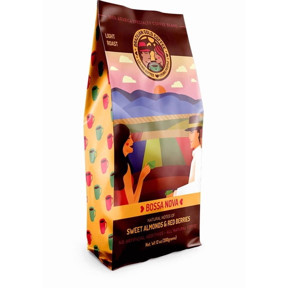 Brazilian Gold Coffee Bossa Nova Gourmet Sweet Almonds & Red Berries Low Acidity Light Roast, Whole Bean, 12 oz