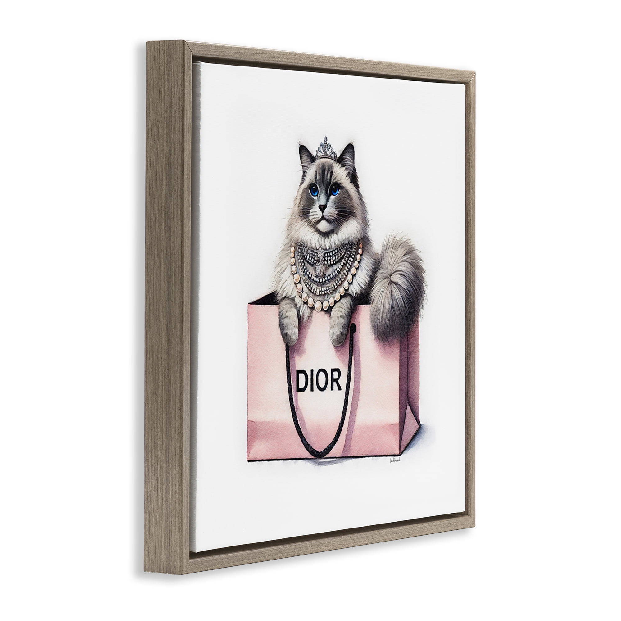 Stupell Industries Lovely Cat in Shopping Bag Animals Painting Brown Floater Framed Canvas Art Print Wall Art, 18 x 18