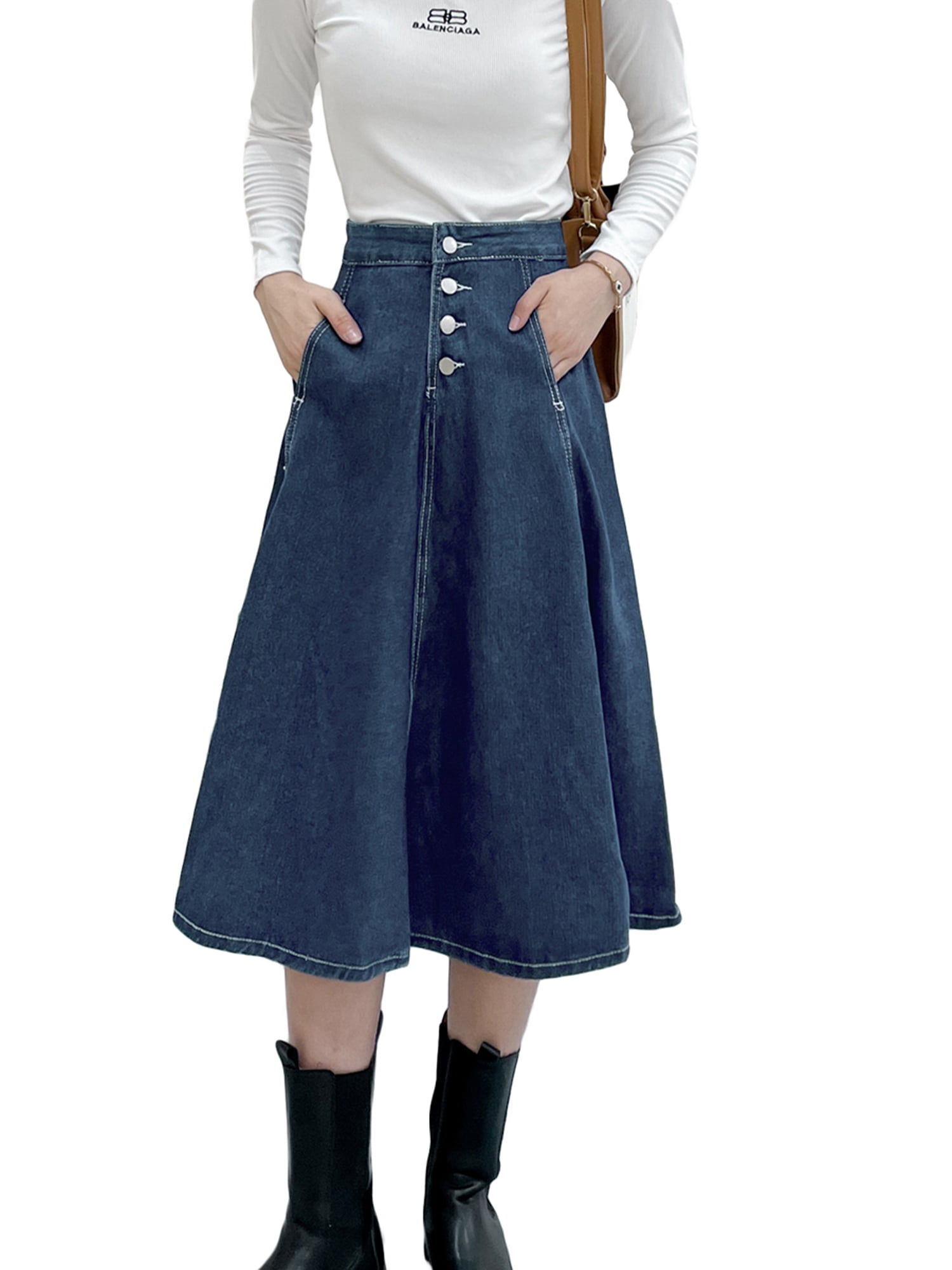 FOCUSNORM Women's Blue Retro High Waist Denim Skirt Button Pocket Long ...