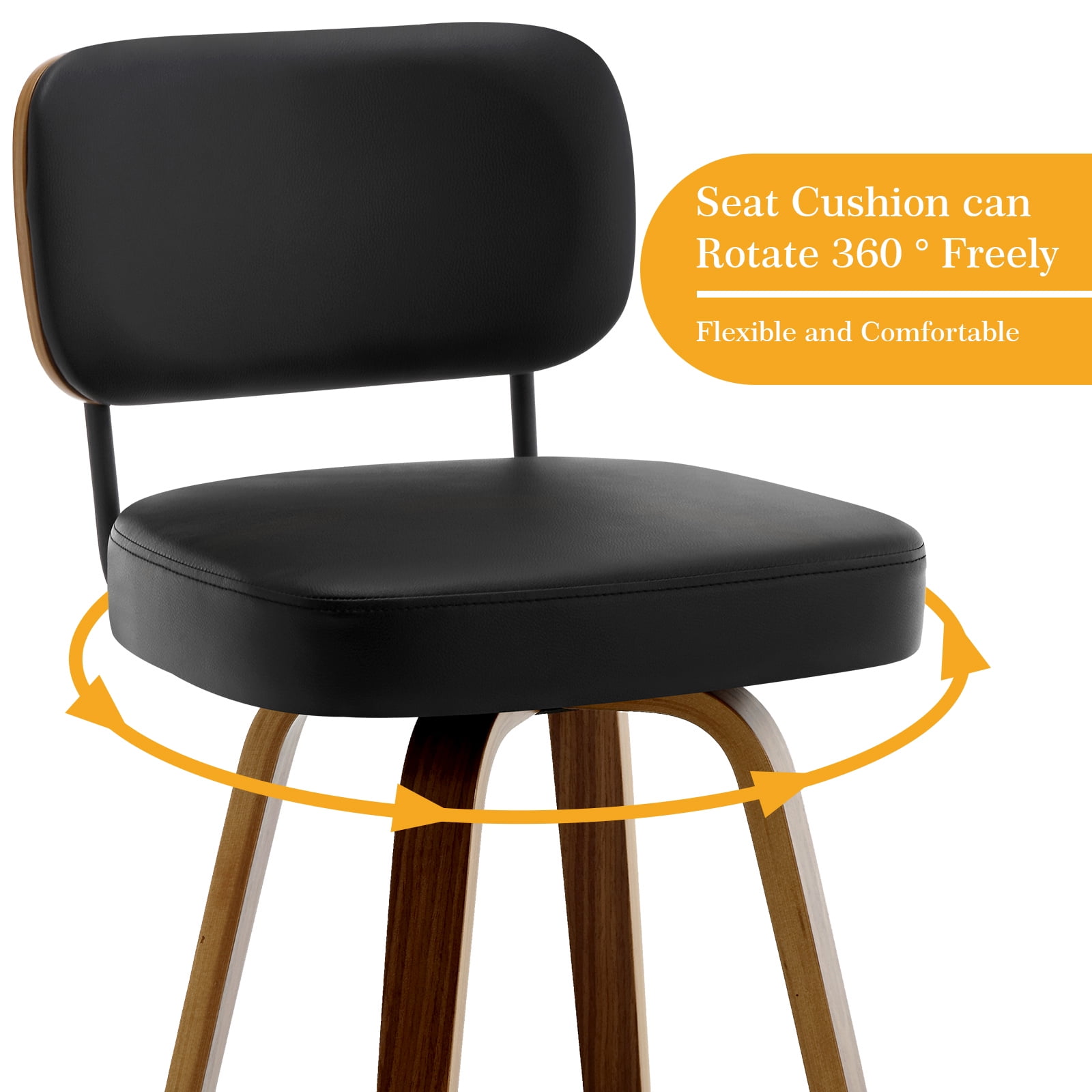 Swivel Counter Height Bar Stools, Set of 4, 26" Upholstered PU Leather Barstools with Back Wood Legs, Mid Century Modern Bar Chair Island Stool for Kitchen Counter, Black